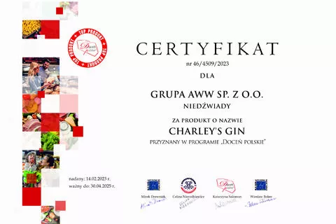 Gin Charley’s z certyfikatem jakości „Doceń polskie”
