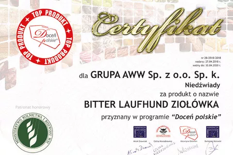 Zdjęcie certyfikatu uzyskanego przez Bitter Laufhund Ziołówka